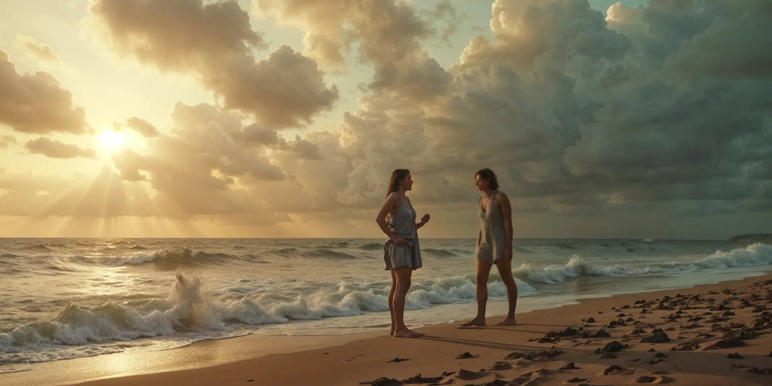 Couple arguing on the beach with sunset about love bombing problem