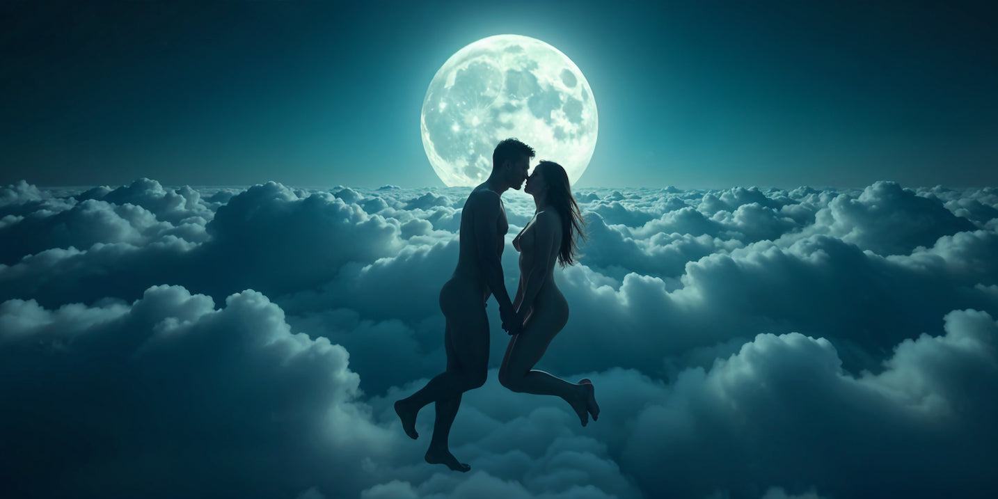 naked couple kissing and floating on the clouds thinking about first sex