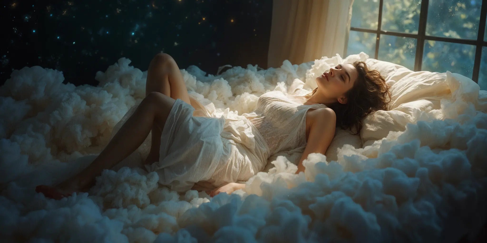 nymphomaniac girl lying on the bed made of clouds