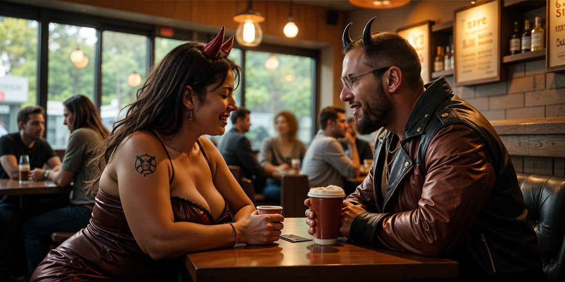 Plump woman in sexy devil costume having coffee at Starbucks, blushing and looking attracted at her male friend in devil costume