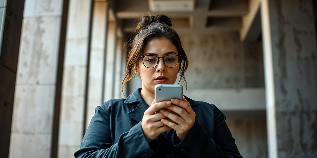 A plus-size woman model holding phone and looking at her phone. Her face is disoriented because of cyber-flashing incident, a photo she've just received.