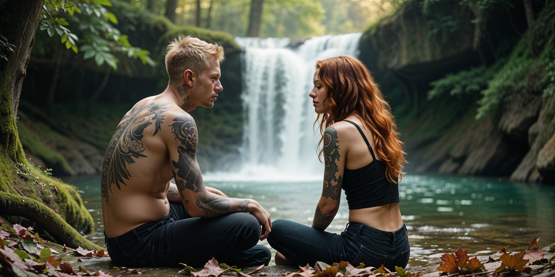 Tattooed blond short hair man sitting in front of thewaterfall with his girlfriend with curly red hair. Forest scenery.