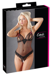 Cottelli LINGERIE - Seksowne Siateczkowe Body Z Otwartym Kroczem I Biustem Czarne 85B/L