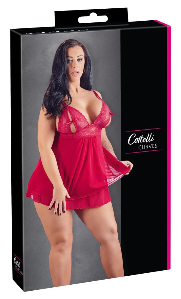 Cottelli CURVES - Seksowna Babydoll Z Rozcięciem Na Piersiach I Kokardką Czerwona 4XL