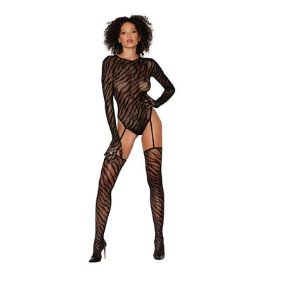 Teddy Bodystocking with Finger Gloves Diamond - One Size - Black