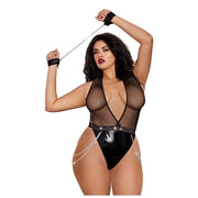 Faux-Leather Deep Plunge Halter Teddy - Plus Size