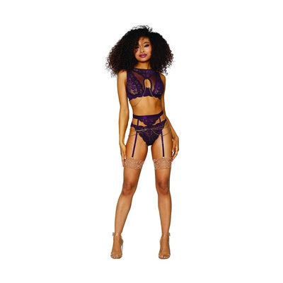 Women's Lace and Mesh 3 Piece Set - L - Aubergine