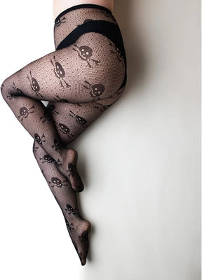 Fishnet Tights - Skulls - C - Black