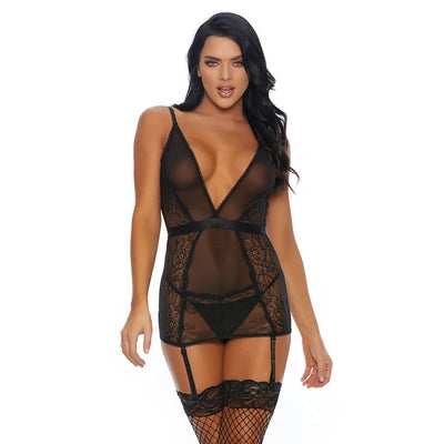 A Sheer Thing - Nightgown with Suspender Straps and Tights - L