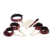 6-Piece Velvet Burgundy Bondage Set with Cuffs, Collar and Belt