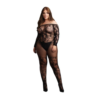 Bodystocking with Off-Shoulder Long Sleeves - OSX - Black