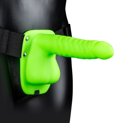 Glow in the Dark Ribbed Hollow Strap-On with Balls - 8 / 21 cm