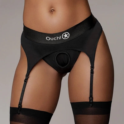 Vibrating Strap-on Thong with Adjustable Garters - M/L - Black