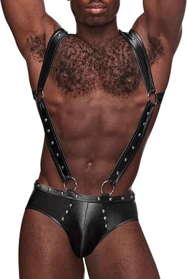 Uranus - Harness Style Open Back Jock Briefs with Suspender Straps - L/XL - Black